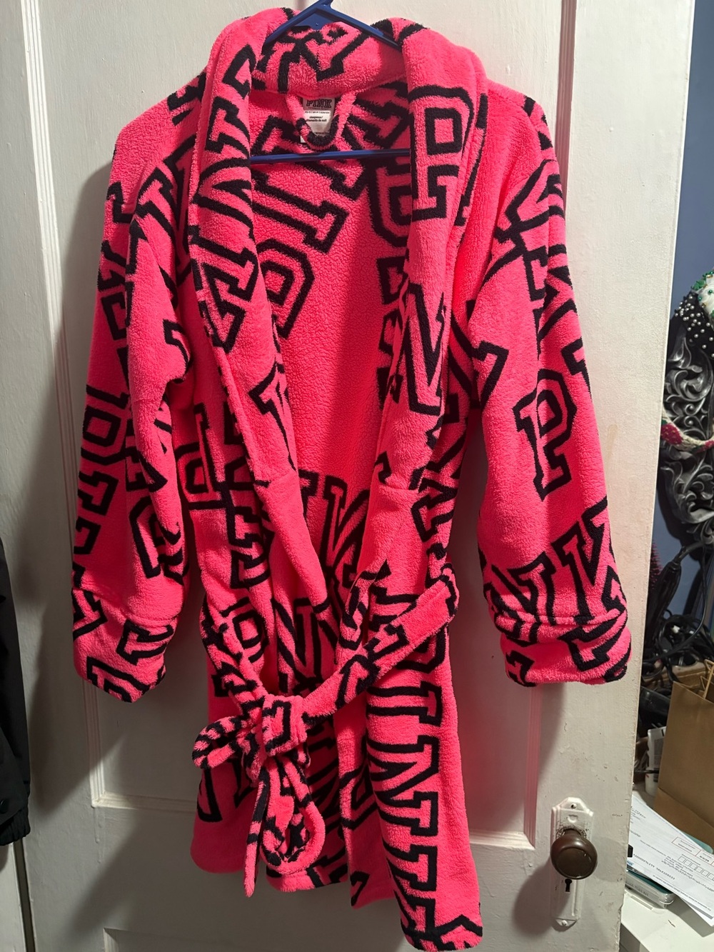 Plush Hooded Robe Jacket - Hot Pink with Black Lettering